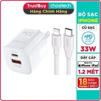 Adapter Củ Sạc 33W PPS PD 30W  QC 3.0 1 Cổng Type C 1 Cổng USB Nhỏ Gọn CHOETECH PD5006 Sạc Nhanh iPhone, iPad, Samsung - Hàng Chinh Hang - Bộ Sạc iPhone iPad PD5006  IP0040