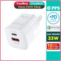 Adapter Củ Sạc 33W PPS PD 30W  QC 3.0 1 Cổng Type C 1 Cổng USB Nhỏ Gọn CHOETECH PD5006 Sạc Nhanh iPhone, iPad, Samsung - Hàng Chinh Hang - Trắng