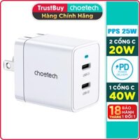 Adapter Cu Sạc Nhanh 40W Sạc 1 Cổng Type C 40W, 2 Cổng Type C 20W, PPS 25W, QC3.0 18W CHOETECH Q5006 Sạc Nhanh iPhone 15, iPhone, Samsung, iPad - Hàng Chính Hãng - Trắng
