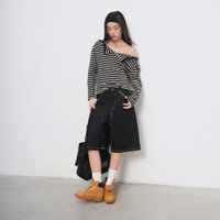 Added áo trễ vai sọc ngang trắng đen nút bấm phong cách Hàn Quốc