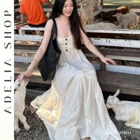 「ADELIA」Đầm Maxi DH91 Dáng Dài 2 Dây Màu Trắng Phối Khuy 2 Lớp Chất Mát BST Hè 2023