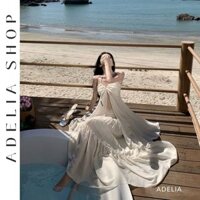 「ADELIA」Set Váy Maxi Màu Trắng Ngà Nhẹ Nhàng, Đầm Voan Trắng Maxi Đi Biển DH427