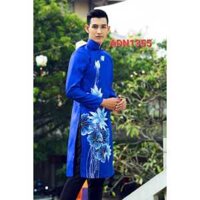 ADN1355 Áo Dài Cách Tân NAM MÀU Xanh coban xanh dương VẼ HỌA TIẾT hoa sen