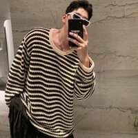 Aemape Áo Sweater Dệt Kim Mỏng Tay Dài Khoét Lỗ Kẻ Sọc Cao Cấp Phong Cách Retro Mùa Thu Cho Nam *