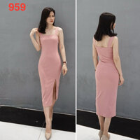 AF959 Đầm thun ôm 2 dây bản lớn, form dài xẻ tà trước