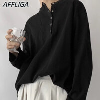 ✦AFFLIGA✦Henry Cổ Nút Áo Thun Dài Tay Nam Thu Đông Phiên Bản Hàn Quốc Của Loose Niche Lười Thường Ngày Đáy Áo Sơ Mi