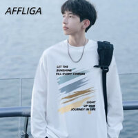 ✦AFFLIGA✦Thời trang mùa thu Phong cách Hồng Kông Áo thun nam dài tay cổ tròn Cotton thông thường hàng ngày