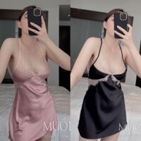 ❤️FREESHIP❤️ Váy ngủ lụa mặc nhà sexy phối ren nơ lưng gợi cảm  - mã sx 128 - Hàng QCCC có sẵn tại BENSLEEPWARE