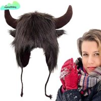 Agoodthing Mũ len sang trọng, Mũ Bison Unisex dày, có sừng Mũ bông mềm chống gió