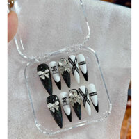 [Ah009 HÀNG THIẾT KẾ] Nail box - Móng tay giả thiết kế , màu đen trắng đính đá, form nhọn