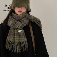 Aha Khăn Choàng Cổ Họa Tiết Kẻ Sọc Màu Xanh Lá retro Cao Cấp Phong Cách Hàn Quốc Mới