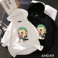 AHD49 Áo thun teen nam nữ HOODIE TAY LỠ CÓ NÓN hình zoro one piece