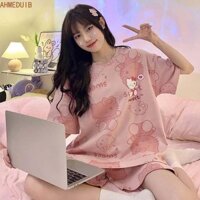 Ahmeduib Bộ Đồ Ngủ Kitty Người Lớn, Quần Pyjama Mèo Kitty Màu Hồng Ngắn Tay, Bộ Đồ Ngủ KT Quần Áo Nữ Thoải Mái Quần Áo Giải Trí Kitty Pyjama Bộ Sinh Nhật