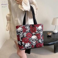 Ahour1 Túi xách bộ xương Gothic Halloween, Túi Tote hoa đầu lâu bằng Nylon có dây kéo, cá tính dung tích lớn in hình phong cách Hàn Quốc Túi đeo vai đầu lâu Halloween đi học