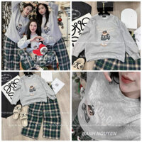 [Air Mỹ] Set bộ Forever 21 áo cổ tròn tay dài nỉ bông xám in hình gấu quần caro xanh lưng thun dây rút