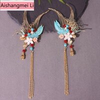[Aishang Phụ kiện đẹp] Kẹp tóc tua rua Cloisonne Mũ đội đầu Hanfu Phụ kiện tua rua cổ Đốt cháy ánh sáng bướm xanh Kẹp tóc sang trọng