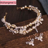 [Aishang Trang Sức Đẹp] Bộ Trang Sức Phiên Bản Hàn Quốc Lễ Cưới Mũ Đội Đầu Ngọc Trai Hình Hoa Mặt Dây Chuyền Bông Tai Băng Đô Bộ Hai Mảnh