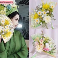 [Aishang Trang Sức Đẹp] Kẹp Tóc Xanh Hoa Gấp Quạt Cổ Lụa Phụ Kiện Hoa Phong Cách Trung Hoa Quạt Ảnh Đạo Cụ Ảnh Mới Phong Cách Trung Hoa Quạt Khiêu Vũ Nữ