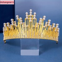 [Aishang Trang Sức Đẹp] Phụ Kiện Tóc Cưới Vương Miện Ngọc Trai Trang Trí Bánh Châu Âu Mỹ Retro Baroque Kim Cương Giả Ngọc Trai Cô Dâu Vương Miện