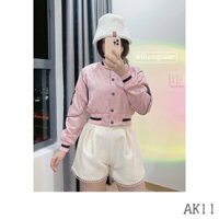 AK11(Hình thật) Áo khoác croptop bomber bóng chày, ôm form cá tính, 2 lớp, có túi trong, dễ phối đồ, thêu chữ M