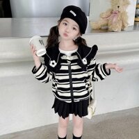 AK24-Áo khoác kẻ ngang kéo khoá cadigan cổ thuỷ thủ mùa thu cho bé gái hàng QC,áo khoác cho bé gái(14-32kg)