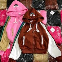 AK90.1749 Áo khoác nỉ phối màu thêu cầu vòng tay xỏ ngón. Áo form ngắn crop phối viền sọc 2 bên tay áo, 2 túi