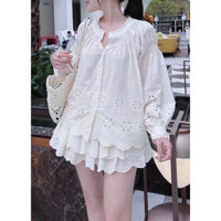 Akina set | Áo babydoll ren xô thêu hoa và quần short tầng tiểu thư vintage