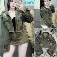 [AKJNL2125] ÁO KHOÁC JEANS NỮ FORM LỬNG CỔ BẺ DÀI MÀU XANH ĐẬM VÀNG XÙ VIỀN TUA SIÊU CÁ TÍNH CHẤT CHƠI