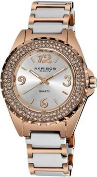 Akribos XXIV AK514WTR Crystal Bezel Ceramic Links Rosetone White Womens Watch