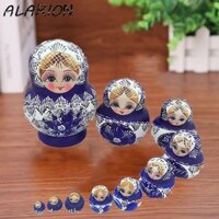 Alarion 10 Cái / bộ Đồ Chơi Búp Bê Bằng Gỗ Matryoshka, Búp Bê Làm Tổ Nga 10 Lớp In Hoa Xanh, Đồ Trang Trí Hoạt Hình Handmade Gỗ Xếp Chồng Búp Bê Trang Trí Thủ Công