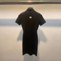 Alexander Wang 24Early Autumn Bodycon Dress Versatile Slimming Waist Black Knitted Short Sleeve Dress for Women