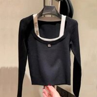 Alexander Wang Spot Goods24New Style Fake Two-Piece Knitted Base Shirt Socialite Style Square Neck Slim Fit Long Sleeve Short Top