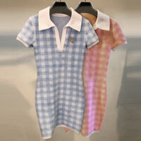 Alexander Wang Spot Goods2024Summer Rhinestone Waist Slimming Short Sleeve Dress Letter Plaid Slim Fit Dress