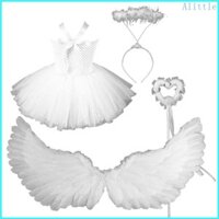 Alia Tập Đi Bé Gái Thiên Thần Trang Phục Bộ Trắng Tutu Đầm Lông Cánh Đầu Cây Đũa Phép