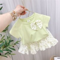 Alj Khuyến mãi Tóc thẳng 253 [Phúc lợi] Mùa hè Phong cách mới cho bé gái Áo thun ngắn tay Top chấm bi Váy hai mảnh Bộ đồ thời trang trẻ em
