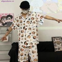 Allgoodsmx Crayon Shin-chan Đồ ngủ, Áo len chui đầu cho chó Crayon Shin-chan Váy ngủ ngắn, Kawaii Star In chữ hoạt hình rộng rãi Bộ đồ ngủ tay đôi Bộ đồ ngủ nữ tính / nam