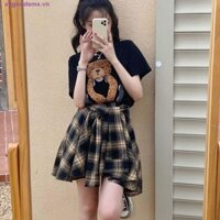 Allgoodsmx Quần Short váy kẻ sọc buộc dây mùa hè, Quần Short kẻ sọc hai mảnh giả lưng cao không đều, Quần nóng bỏng ngọt ngào Quần dạo phố ngắn Nơ nữ Quần Short ca rô mùa hè