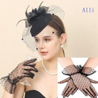 Alli Phong Cách Vintage Handmade Lớn Veil Nữ Lông Vũ Tóc Fascinator Mũ Cưới Lưới Găng Tay Ngắn Cho Cô Dâu Accessorie