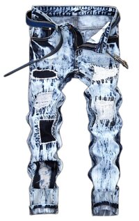 Allonly Men's Destroyed Slim Fit Straight Leg Patchwork Embroidered Ripped Jeans Pants with Broken Holes and Patches