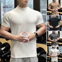 Alm-men Thể Dục Áo Thun Slim Fit Cổ Cao Cổ Áo Lót Tay Ngắn Tập Gym Fitness Tee Thường Ngày