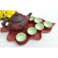 Ấm chén Bát Tràng đắp nổi đĩa lá