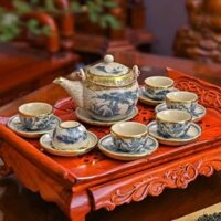 Ấm chén Bát Tràng giả cổ, bộ ấm chén pha trà men rạn bọc đồng cao cấp, quà tặng gốm sứ bát tràng
