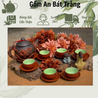 Ấm chén Bát Tràng Tử Sa ,đất đỏ HỌA TIẾT ĐẮP NỔI-hoa Phù Dung,hoa Sen,Hoa Tùng