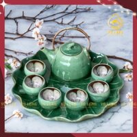 Ấm chén khay lá men xanh ngọc gốm Bát Tràng cao cấp, Bộ ấm trà hoả biến đẹp, giá rẻ
