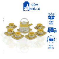 Ấm Chén Pha Chè, Ấm chén Gốm Sứ Bát Tràng, Ấm chén uống trà, ấm chén men rạn vuông đĩa vuông dung tích 300ml Gốm Nhà Lò