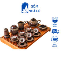 Ấm chén pha trà men nâu gấm lòng hoa, ấm chè gốm sứ Bát Tràng, ấm tách pha trà