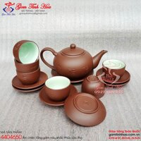 Ấm chén Tống gốm tử sa màu nâu khắc Phúc Lộc Thọ