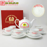 Ấm chén trắng in logo công an nhân dân, huy hiệu đảng QTC-0271