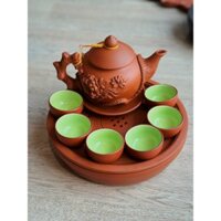 Ấm chén tử sa hoa phù dung đỏ đen Bát Tràng