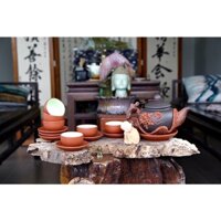 Ấm chén tử sa phù dung đen đỏ 400ml, Bộ ấm chén pha trà gốm sứ chuẩn Bát Tràng